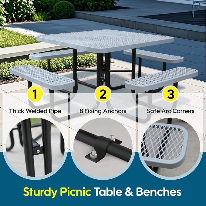 46'' Square Metal Picnic Table for Outdoors, Commercial Steel Metal Picnic - Image 3