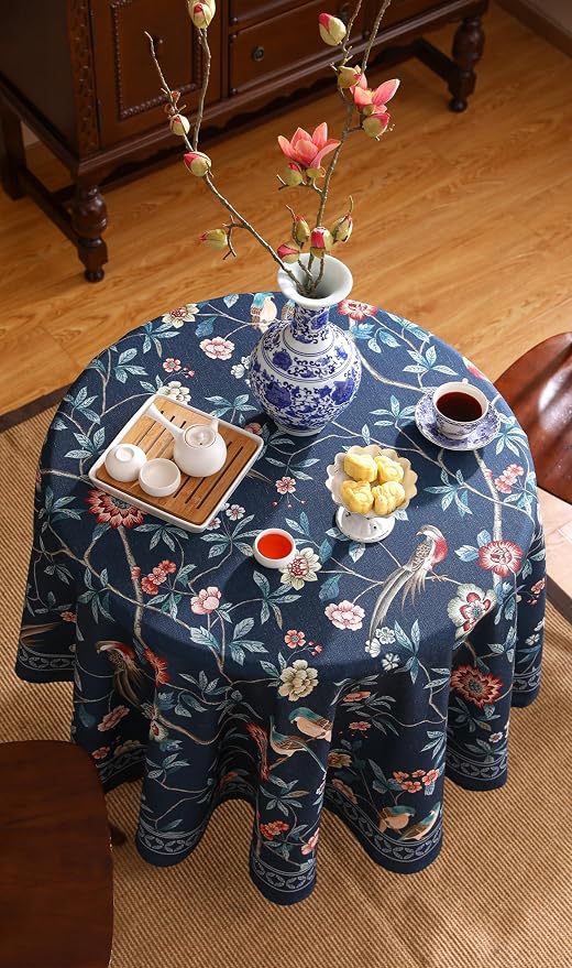 patdrea Designer Dark Blue Linen Round Tablecloth, Vintage Navy French Floral - Image 8