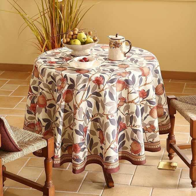 patdrea Designer Linen Round Tablecloth, Vintage Pomegranates and Leaves Tree - Image 2