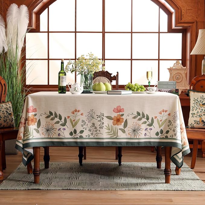 Beige Linen Extra Long Rectangle Tablecloth, Vintage French Shabby Chic Floral - Image 9