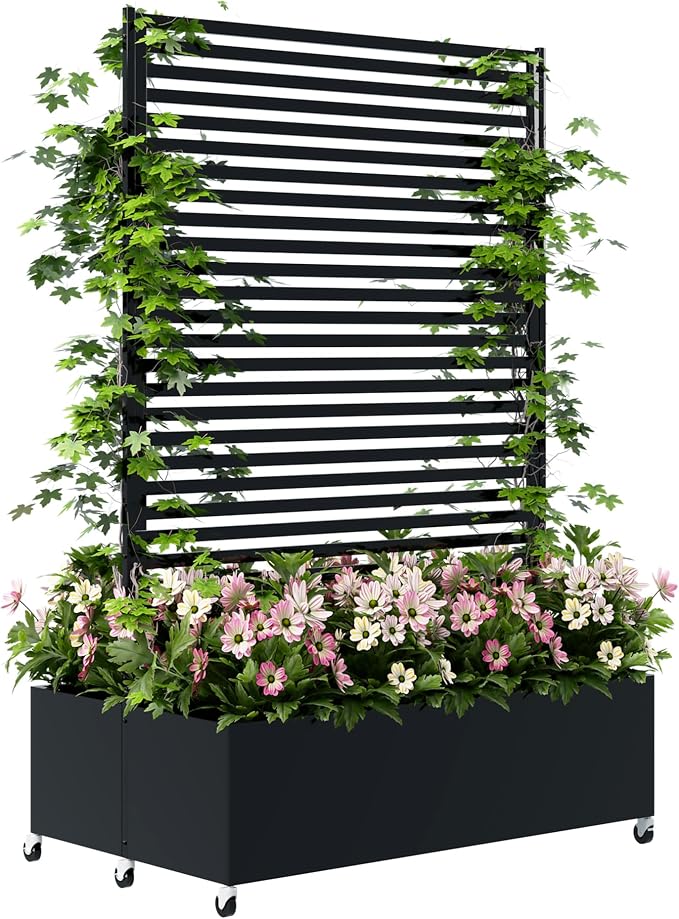 Double Metal Planter Box with Trellis Privacy Screen, Raised Garden Bed with by Sunnibety
