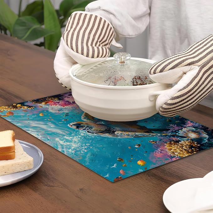 Sea Turtle Placemats Set of 6, Fish Coral Colorful Waterproof Non-Slip Washable - Image 4