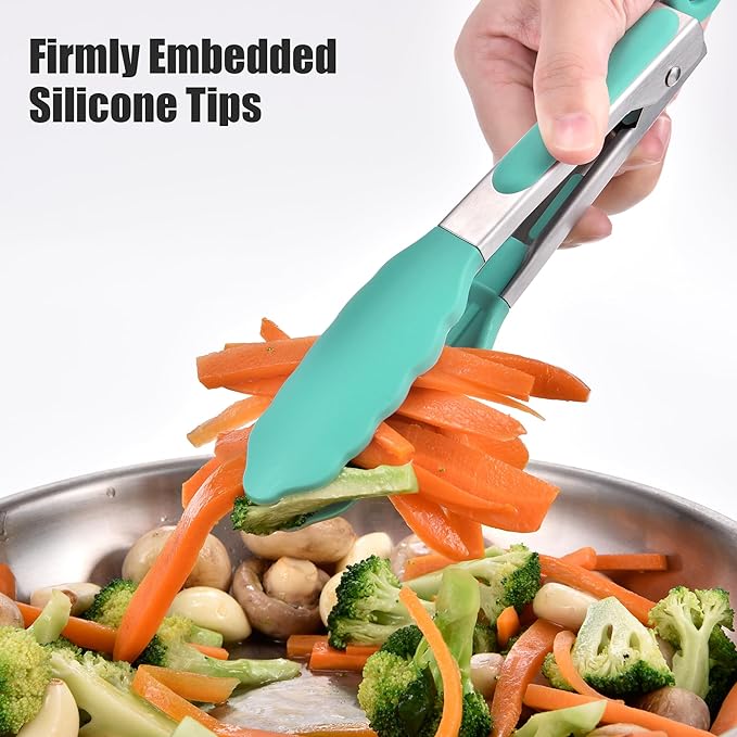 Tongs with Silicone Tips, 10.51-Inch Stainless Steel Locking Tongs, Aqua Sky