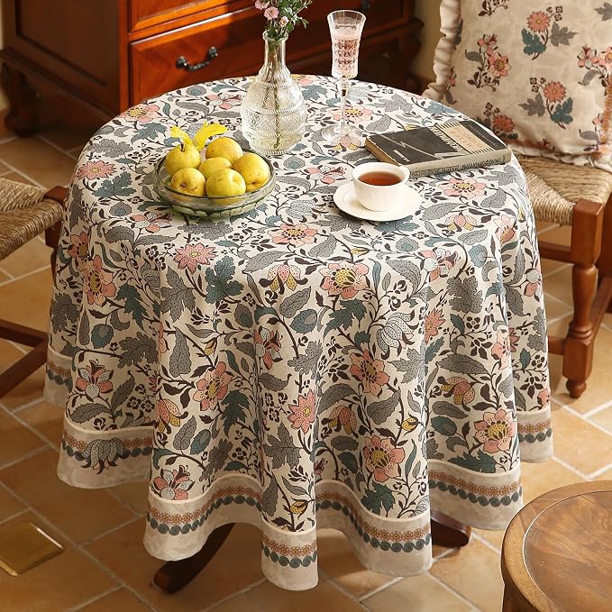 ISAENNE Designer Boho Floral Round Tablecloth, Linen Lotus Flower Pattern - Image 7