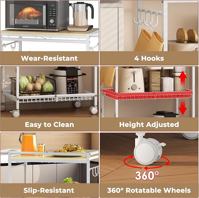 Microwave Kitchen Cart with 2 Lockable Wheels, 3 Tier Rolling Cart with 160Lbs - Image 7