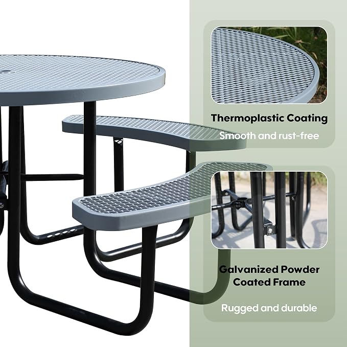 46'' Round Metal Picnic Table for Outdoors, Commercial Steel Metal Picnic Tables - Image 5