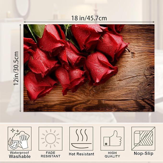 Vintage Wood Panel Red Rose Placemats Set of 6, Valentine's Day Place Mats Heat - Image 2