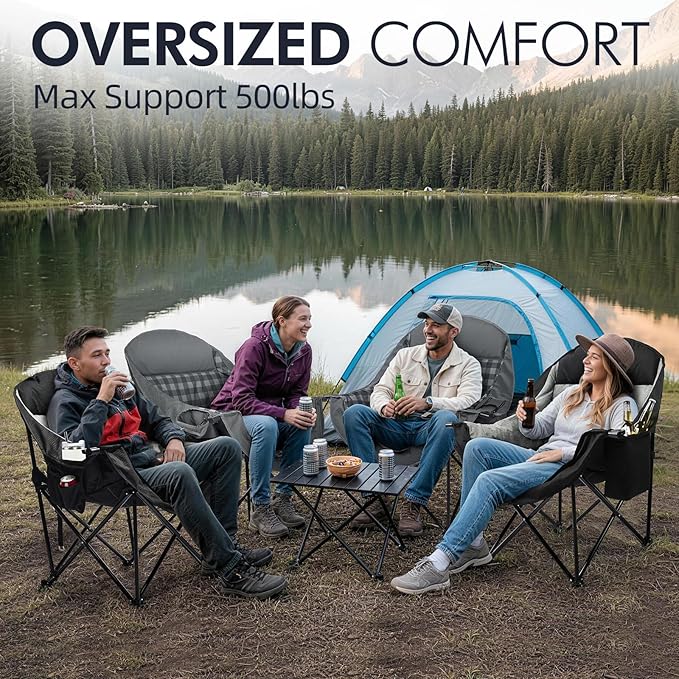 Camping Chair, Oversized Padded Steel Frame, Black 2-Pack