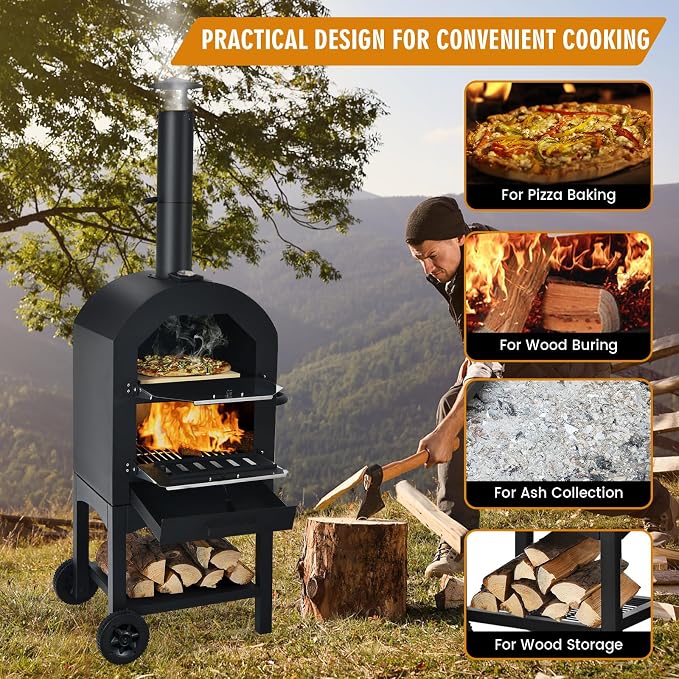 Happygrill Outdoor Pizza Oven Wood Fired, Portable Pizza Maker Grill w/Stone - Image 4
