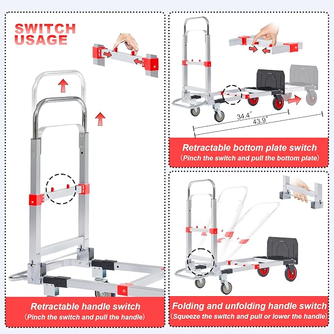 Upgraded 3 in 1 Aluminum Folding Hand Truck, 600lbs Capacity, Heavy Duty - Image 6