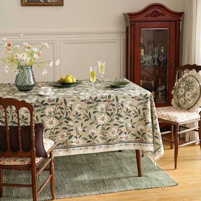 ISAENNE Designer Green Linen Small Rectangular Tablecloth, Floral French - Image 9