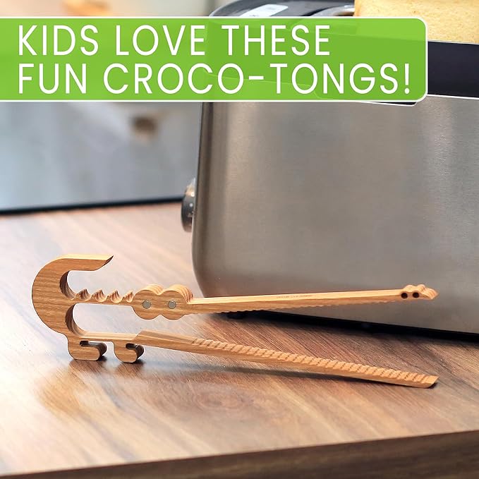 Tongs: Crocodile Shape, One-Piece Ash Wood, Kid-Friendly Design
