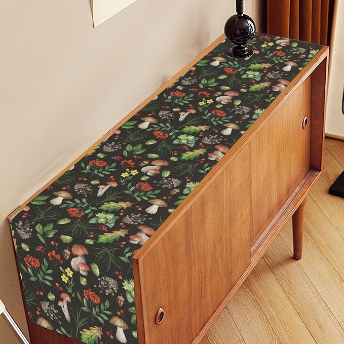 Mushroom Table Runner, Rustic Farmhouse Forest Plants Botanical Wild Floral - Image 2