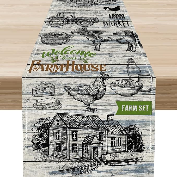 Farmhouse Cow Table Runner, Retro Rustic Country Barn Cottage Rooster Cow by Unknown