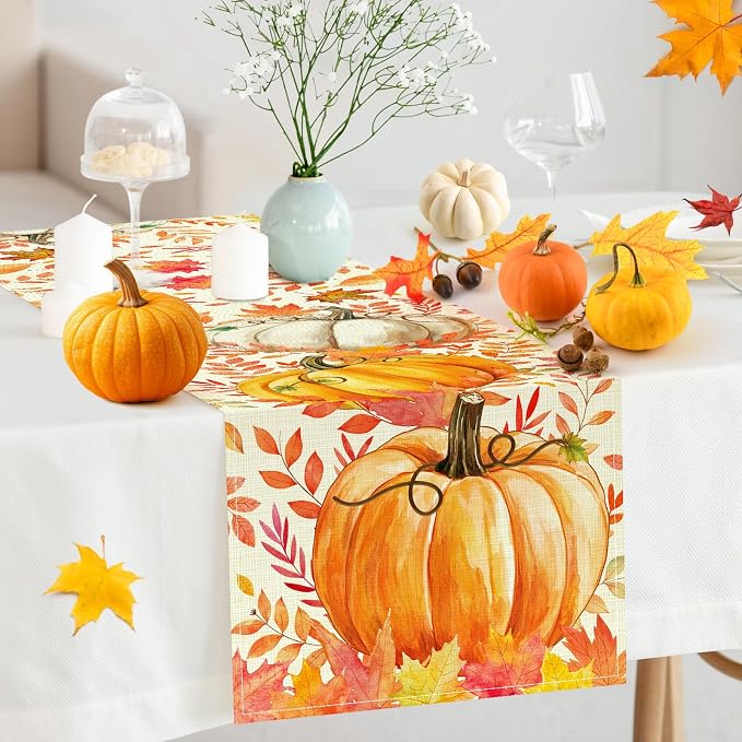 Pumpkin Fall Table Runner, Maple Leaf Autumn Thanksgiving Kitchen Table - Image 6
