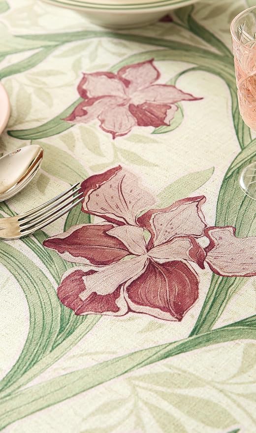 patdrea Designer Linen Green Rectangle Tablecloth, Framhouse Violets Pattern - Image 6