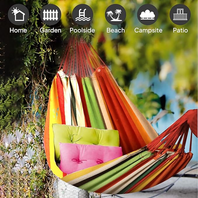 Camping Hammock in Orange Cotton with Anti-Rollover Design