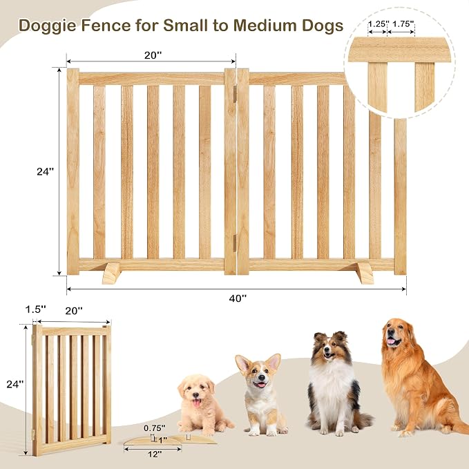 24" Height Tall Freestanding Pet Gate, Solid Wood Folding Safety Fence Wooden - Image 3