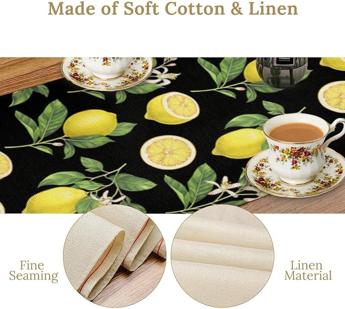 Watercolor Lemon Table Runner, Spring Summer Seasonal Green Leaves Flowers - Image 6