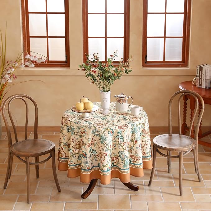 Designer Linen Round Tablecloth, Vintage Indian Style Wrinkle Free Block Print - Image 3