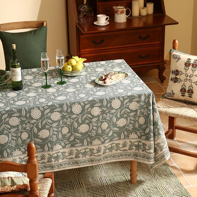 ISAENNE Designer Grayish Green Linen Extra Long Tablecloth Rectangle, Floral - Image 4
