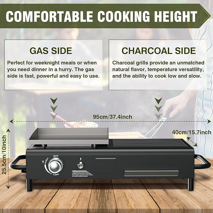 Tabletop Propane & Charcoal Grill Combo, 000 BTU Dual Fuel Flat Top Griddle - Image 2