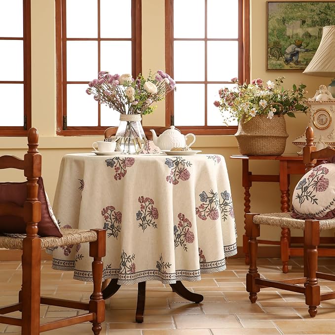 ISAENNE Designer Linen Light Beige Round Tablecloth, French Colorful Floral - Image 2