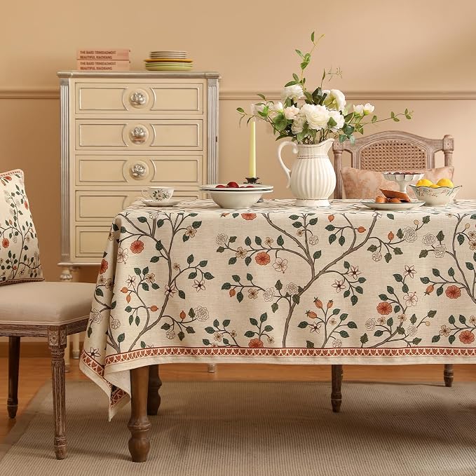 ISAENNE Designer Floral Square Tablecloth, French Linen Light Beige Indoor - Image 9