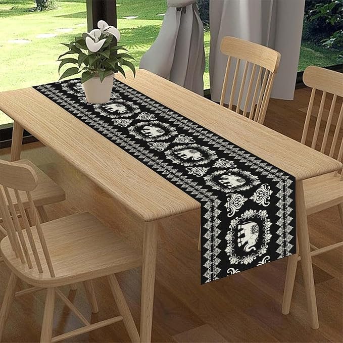 Boho Elephant Table Runner, Rustic Black African Tribe Animal Damask Diwali - Image 2