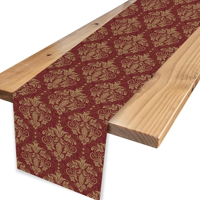 Red Damask Table Runner, Rustic Gothic Baroque Style Floral Boho Flower Antique - Image 4
