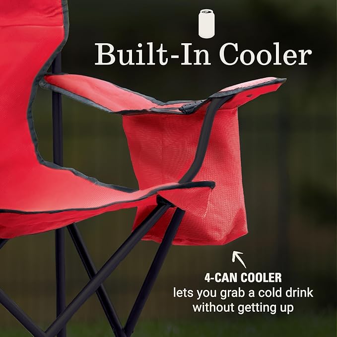 Folding Chair in Red with Armrest Cooler and 325 lb Steel Frame