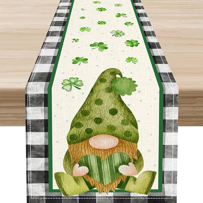 St.Patrick's Day Table Runner, Vintage Black White Plaid Green Polka Dot Gnome by Unknown