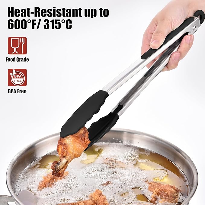 Tongs with Silicone Tips, Locking Stainless Steel, Black