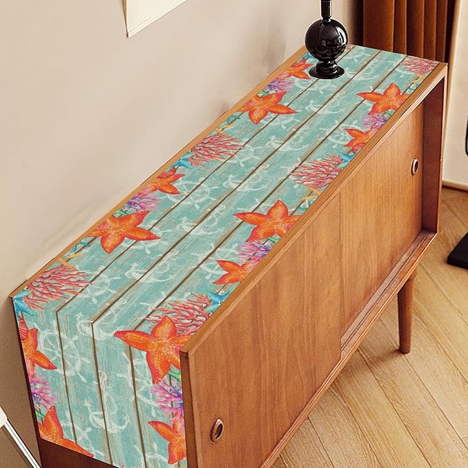 Blue Starfish Table Runner, Nautical Beach Wooden Ocean Table Runner Seasonal - Image 3