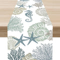 Coastal Table Runner, Summer Beach Starfish Seahorse Seashells Blue Coral by Unknown