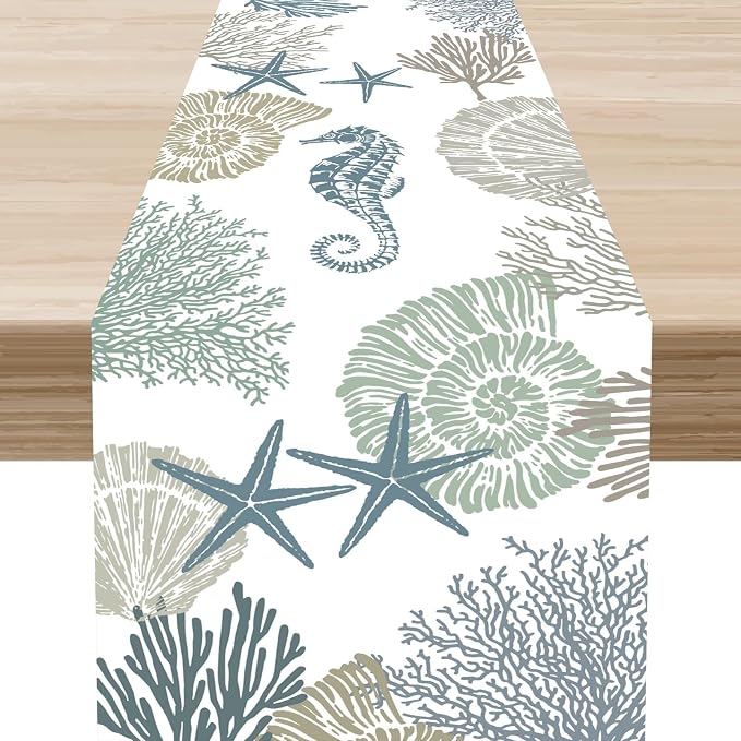 Coastal Table Runner, Summer Beach Starfish Seahorse Seashells Blue Coral by Unknown