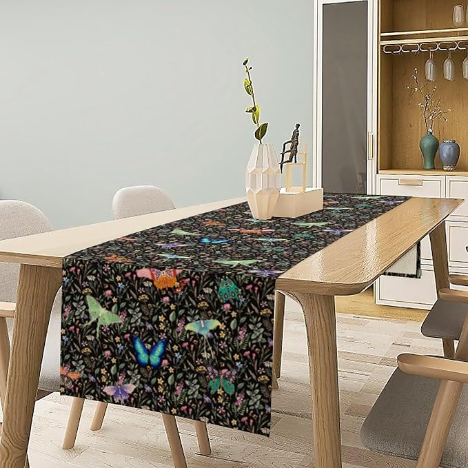 Boho Wildflower Moth Table Runner, Bohemian Floral Colorful Butterfly Print - Image 3