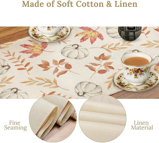 Autumn Pumpkin Table Runner, Watercolor Fall Maple Leaves Pumpkins Harvest - Image 5