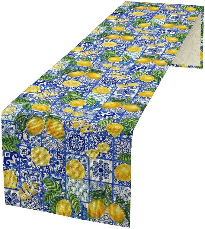 Tiles Lemon Table Runner Blue White Yellow Vintage Rustic Summer Fruit Chic by Unknown