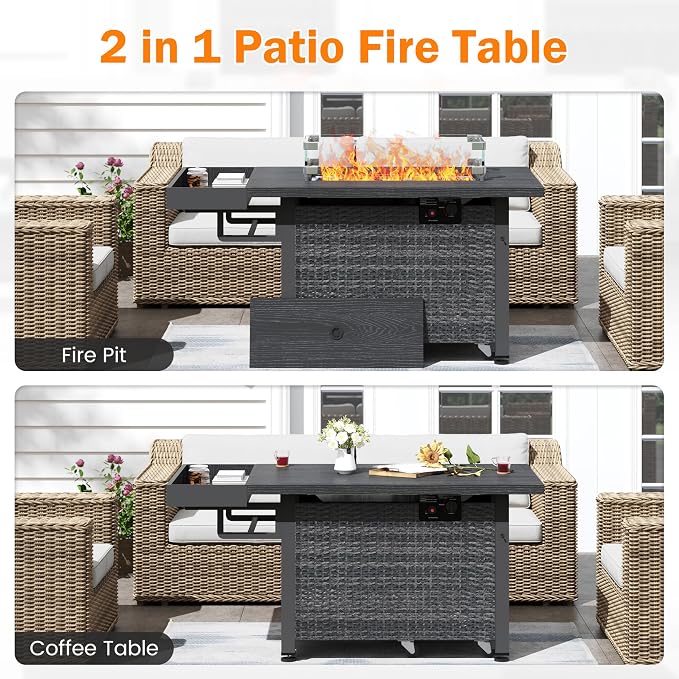 52 Inch Wicker Patio Fire Table, 000BTU Propane Fire Pit Table - Image 6
