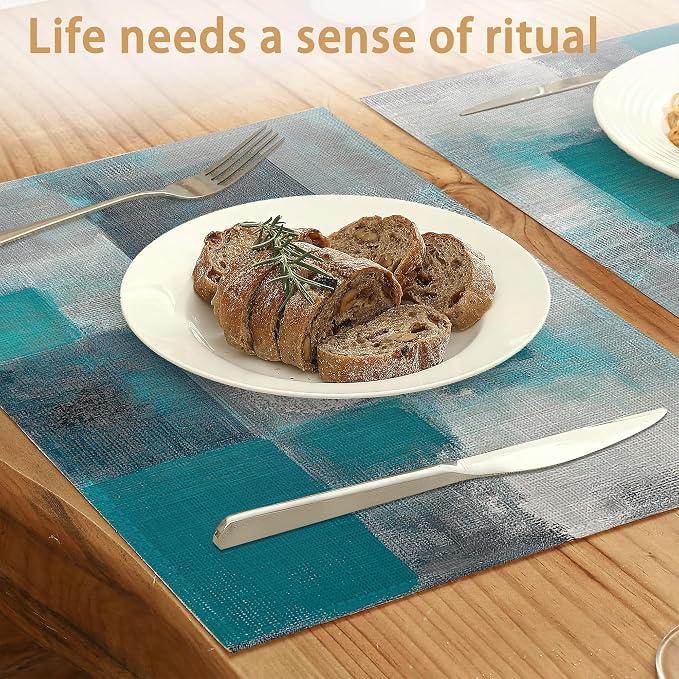 6 Pcs Placemats, Teal Gray Painting Placemat, Art Painting Table Mats Washable - Image 2
