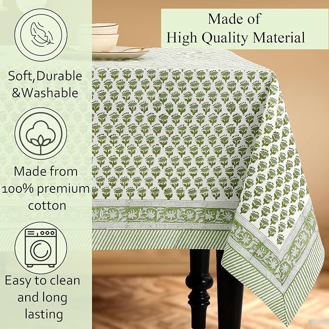 CPC Emerald Green Floral Hand Block Printed 100% Cotton Tablecloth 60x108 - Image 7
