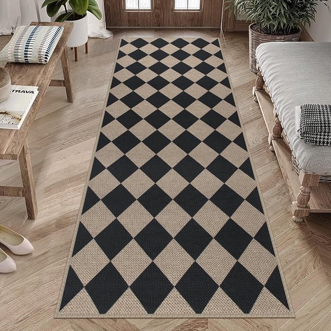 Easy Jute Checkered Runner Rug, 2.6x8 Black Modern Washable Rugs Runner - Image 5