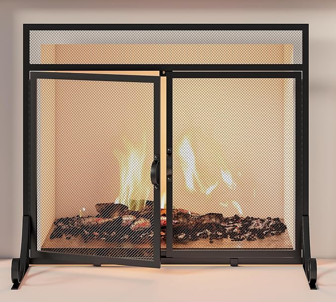 Flat Fireplace Screen with Doors, Solid Wrought Iron Frame with Metal Mesh - Image 4