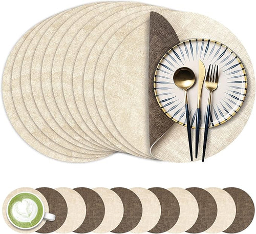 13-Inch Faux Leather Round Placemats Set of 12, Waterproof Anti-Slip Dual Sided by Fyvva