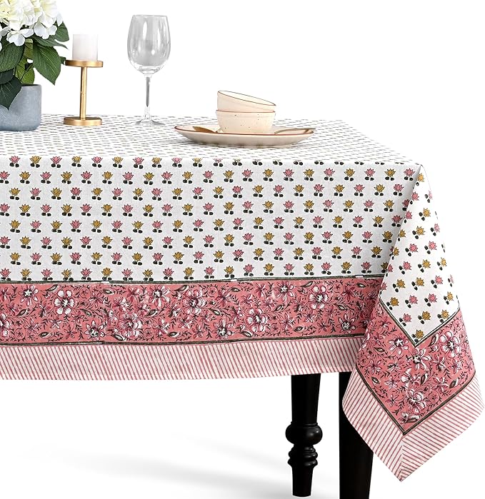 CPC Rosette Bloom Tablecloth 100% Cotton 72x140 Inch Indian Block Print by COTTONPRINTCLUB