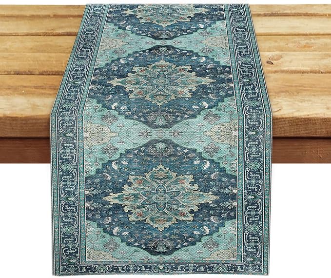 OYIMUA Boho Floral Pattern Summer Table Runner 36 Inches Long Teal and Blue - Image 3