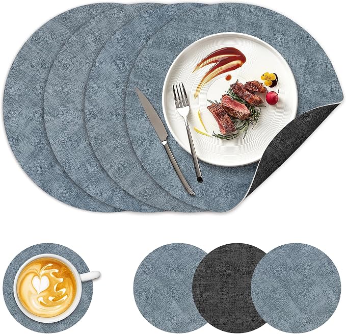 13" Round Placemats Set of 4, NCUE Dual-Sided Faux Leather Heat Resistant Table by NCUE