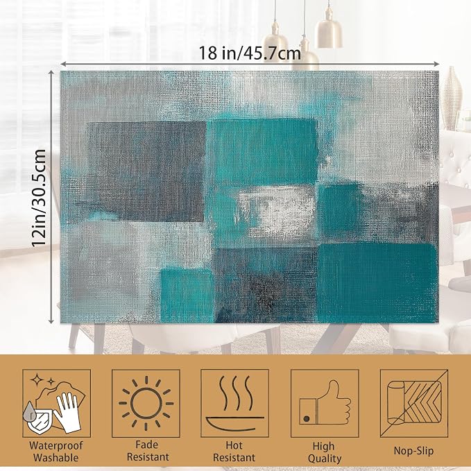 6 Pcs Placemats, Teal Gray Painting Placemat, Art Painting Table Mats Washable - Image 6