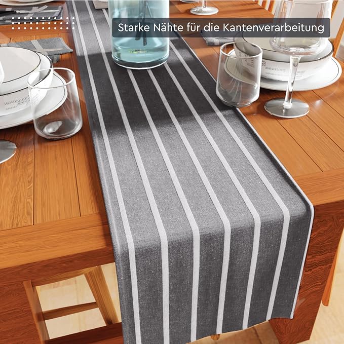 Encasa XO Cotton Dining Table Runner | Roma Grey Stripes | Size 13x118 in - Image 3